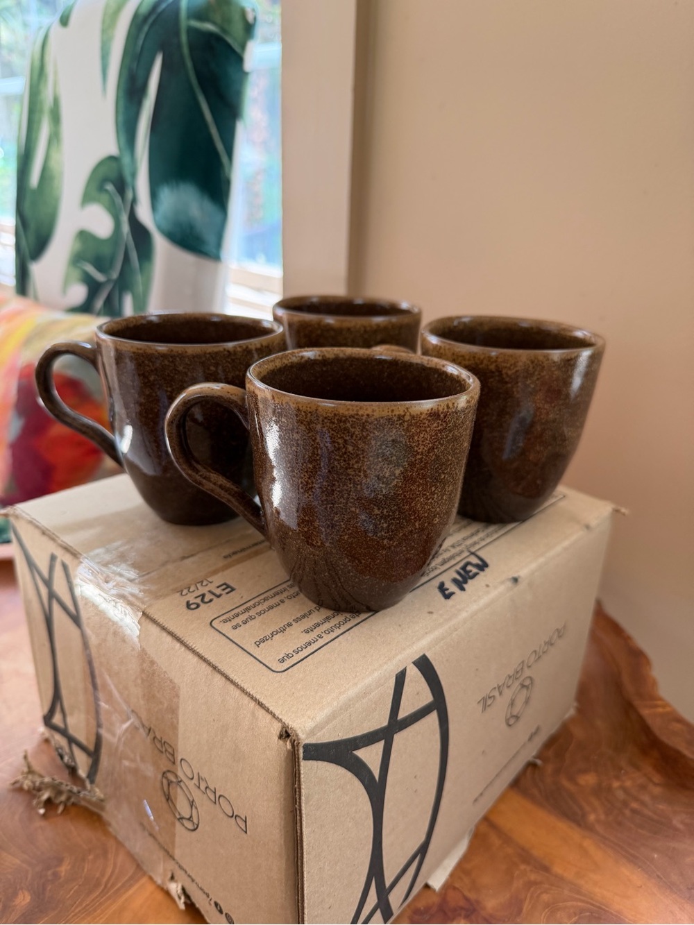 Set of 4 PORTO BRASIL DIJON Brown Stoneware Coffee Mugs Tea Cup Organic Look